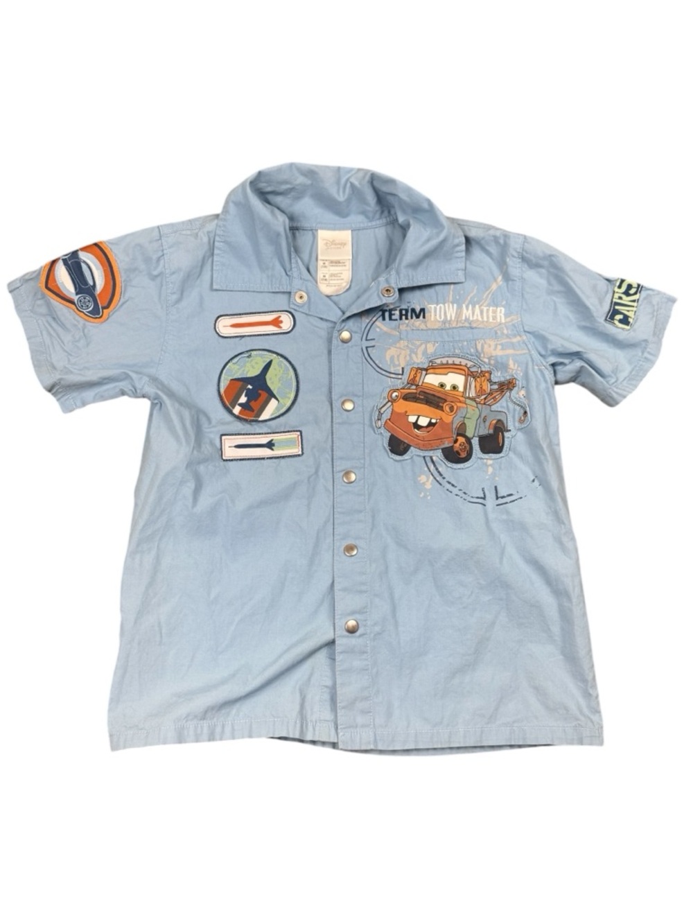 Disney Cars 2 Mater Graphic Button Down Short Sleeve Shirt Boys Size Medium 7/8